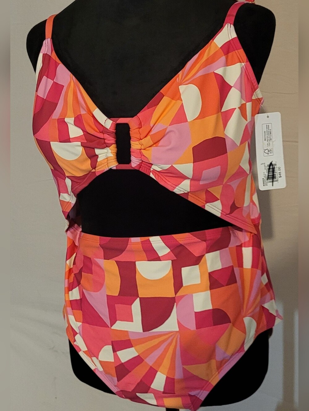 Freshwater, XL, Geometric Cutout One-Piece Swimsuit in Pink & Orange